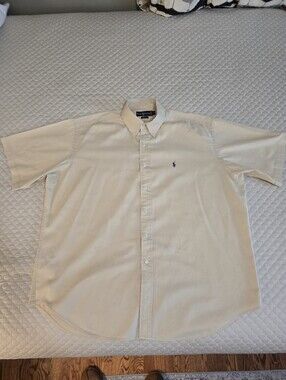 XL - Ralph Lauren Cream Short-Sleeve Button-Down Shirt with Navy Polo Logo CLEAN
